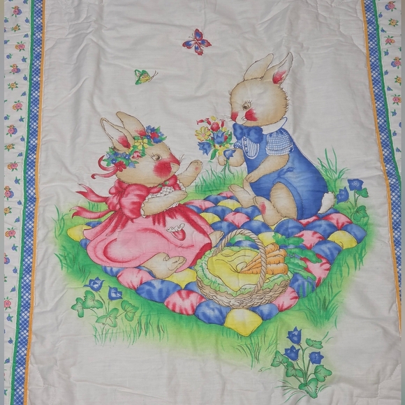 New Handmade Quilt Garden- Spring Bunny Rabbits Baby Blanket Lace Trim - Picture 2 of 5